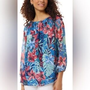 Jones New York Tropical Floral Blouse - Blue and Red over size M could fit L